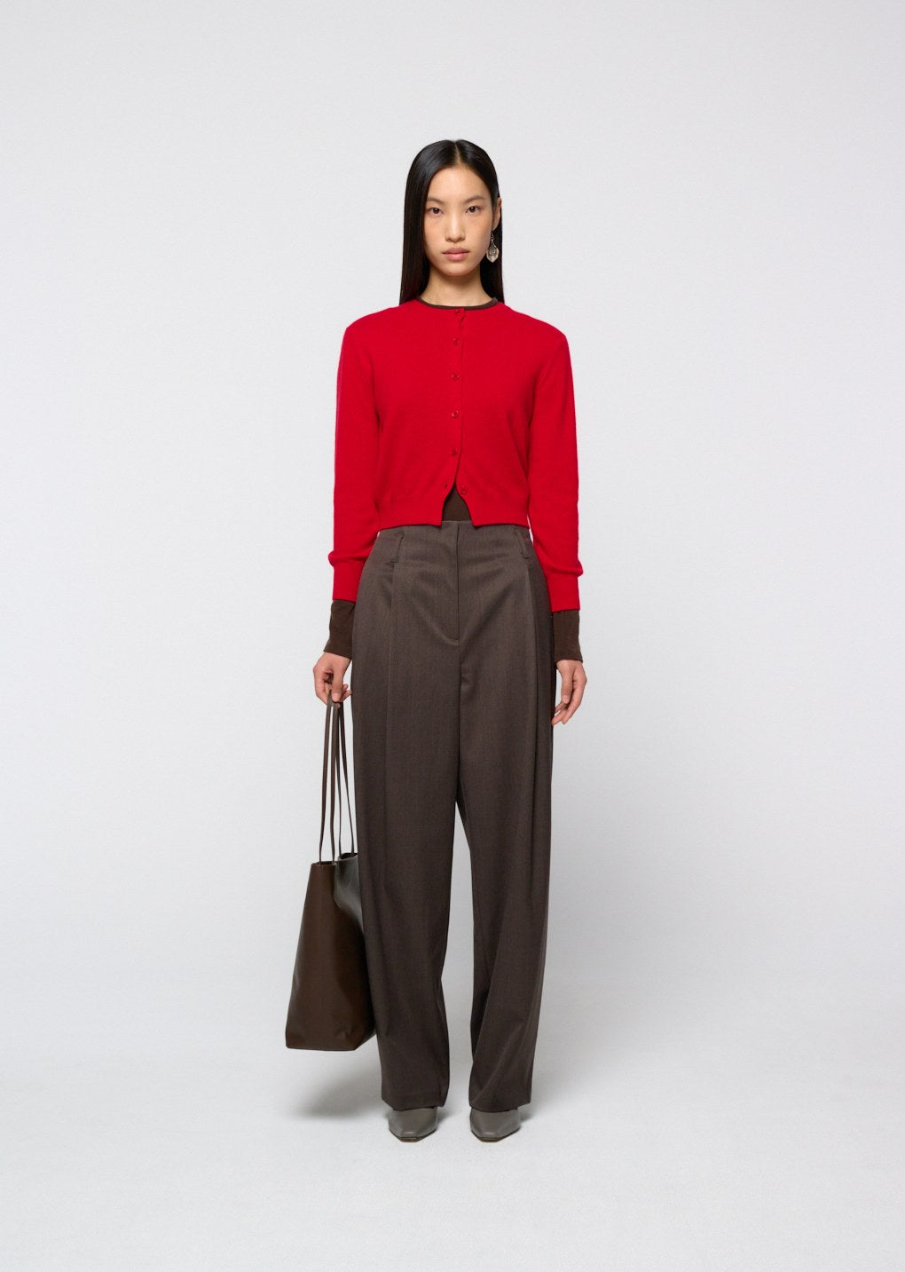 cashmere crewneck cardigan, red hover