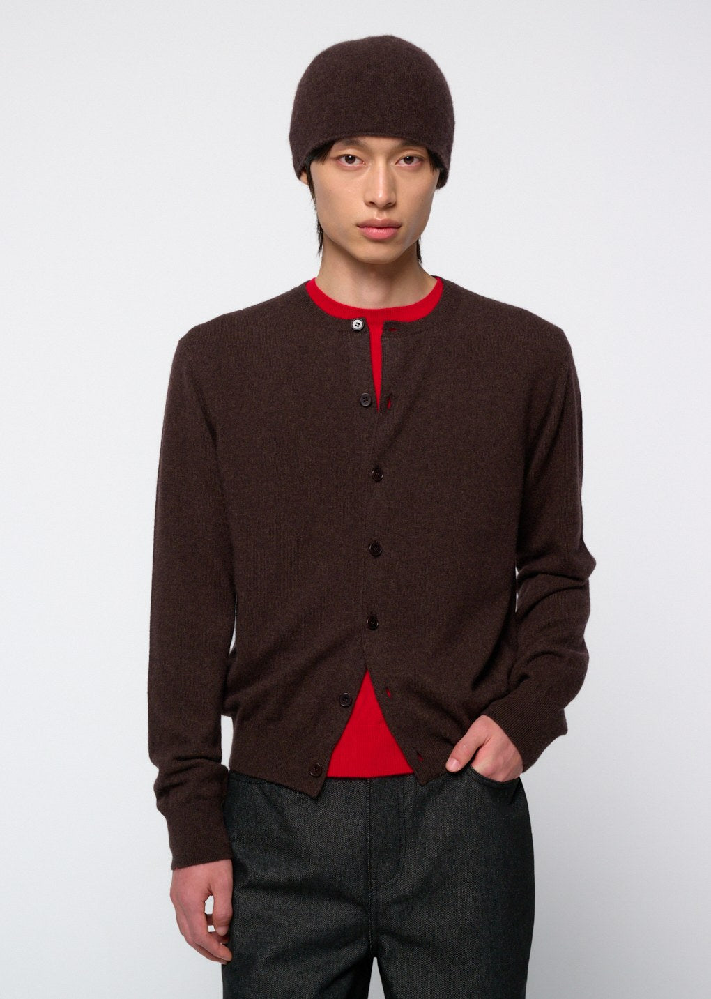 men's cashmere crewneck cardigan, brown