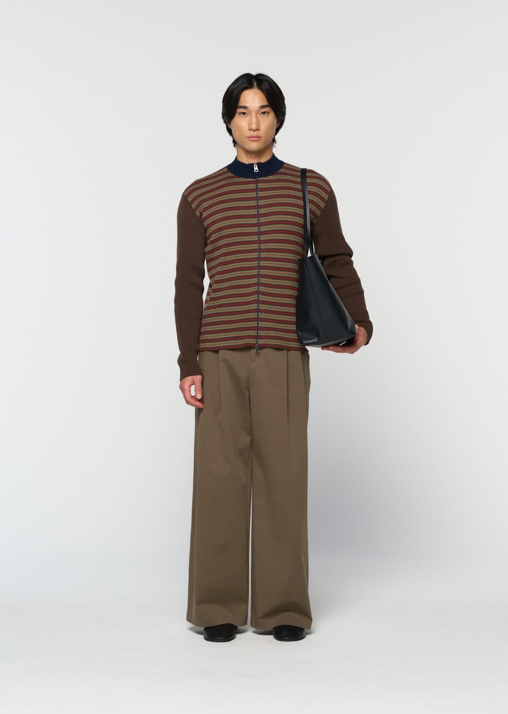 stripe zip up cardigan, brown hover