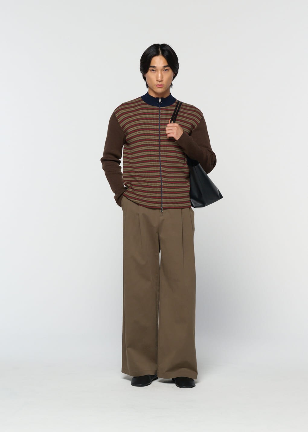 stripe zip up cardigan, brown