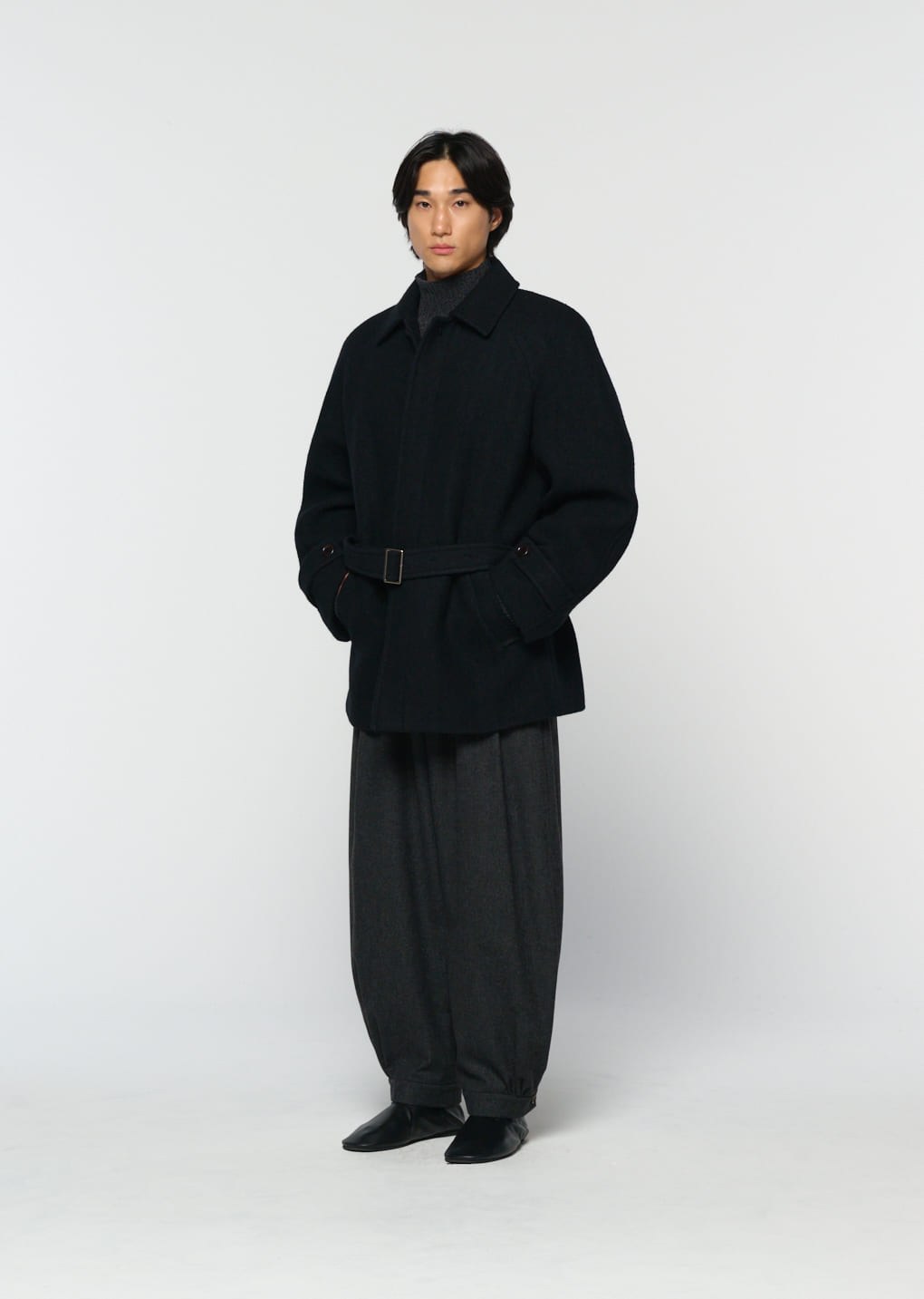belted mid coat, black