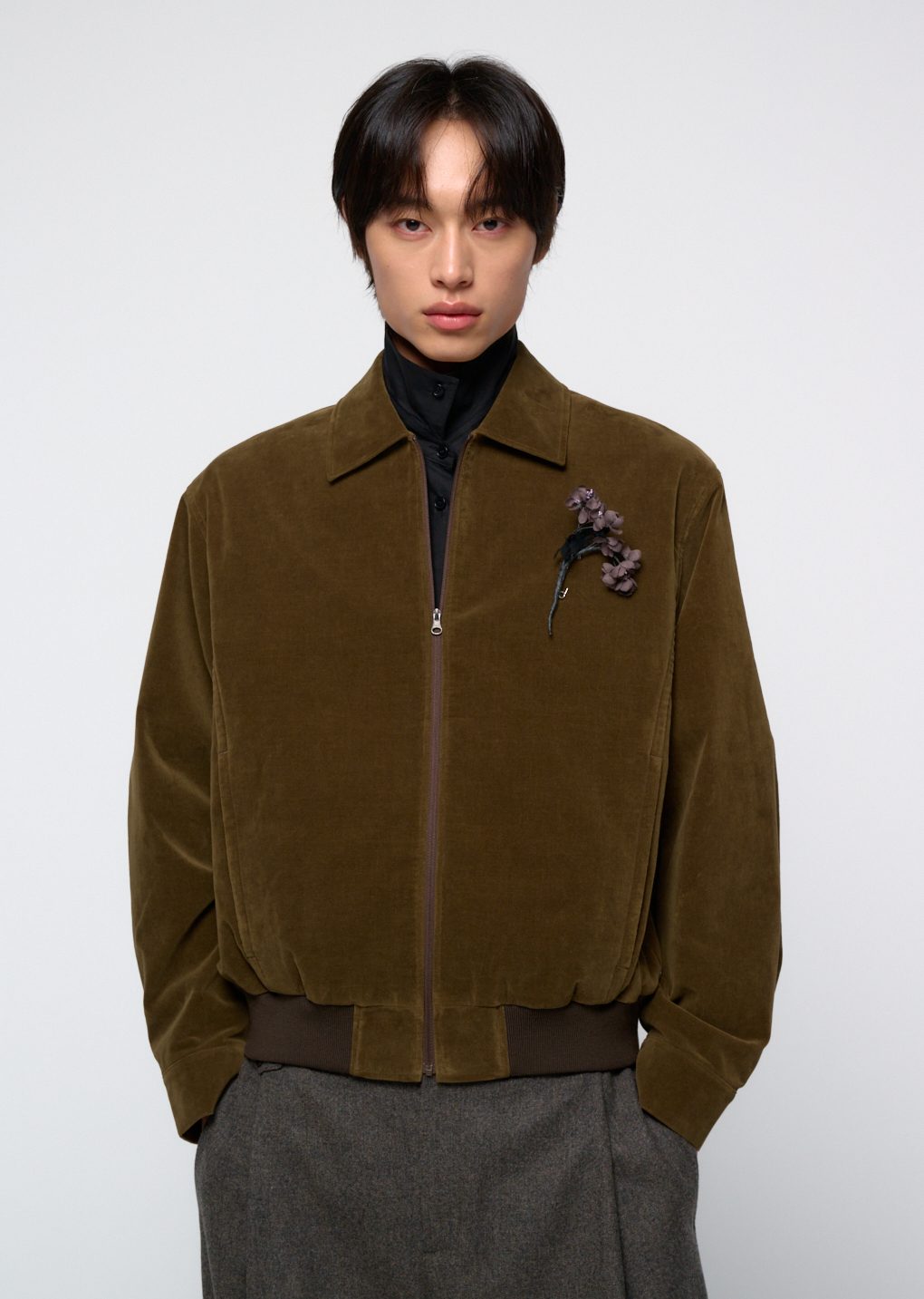 velvet zip up jumper, khaki