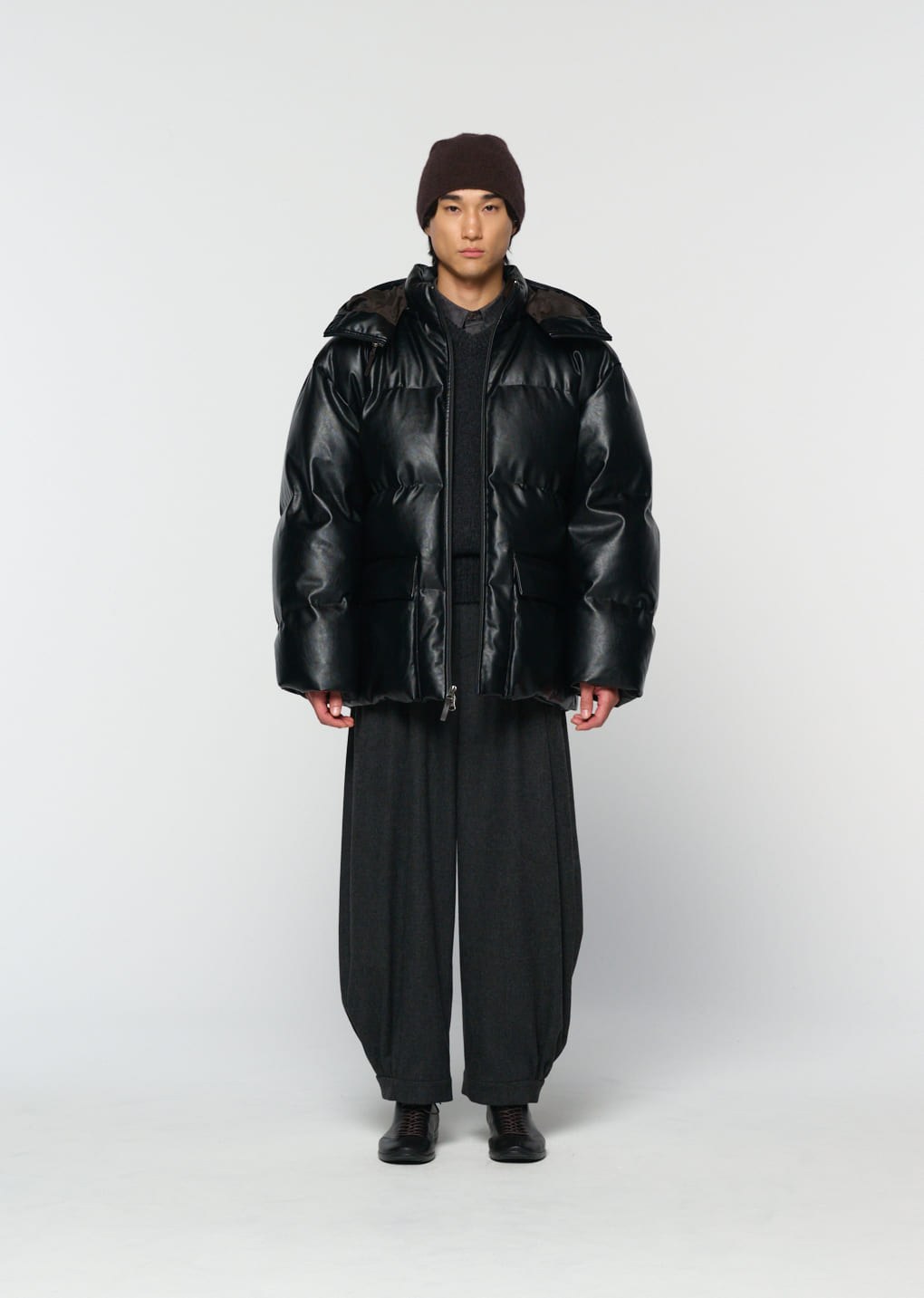synthetic leather mid puffer, black hover