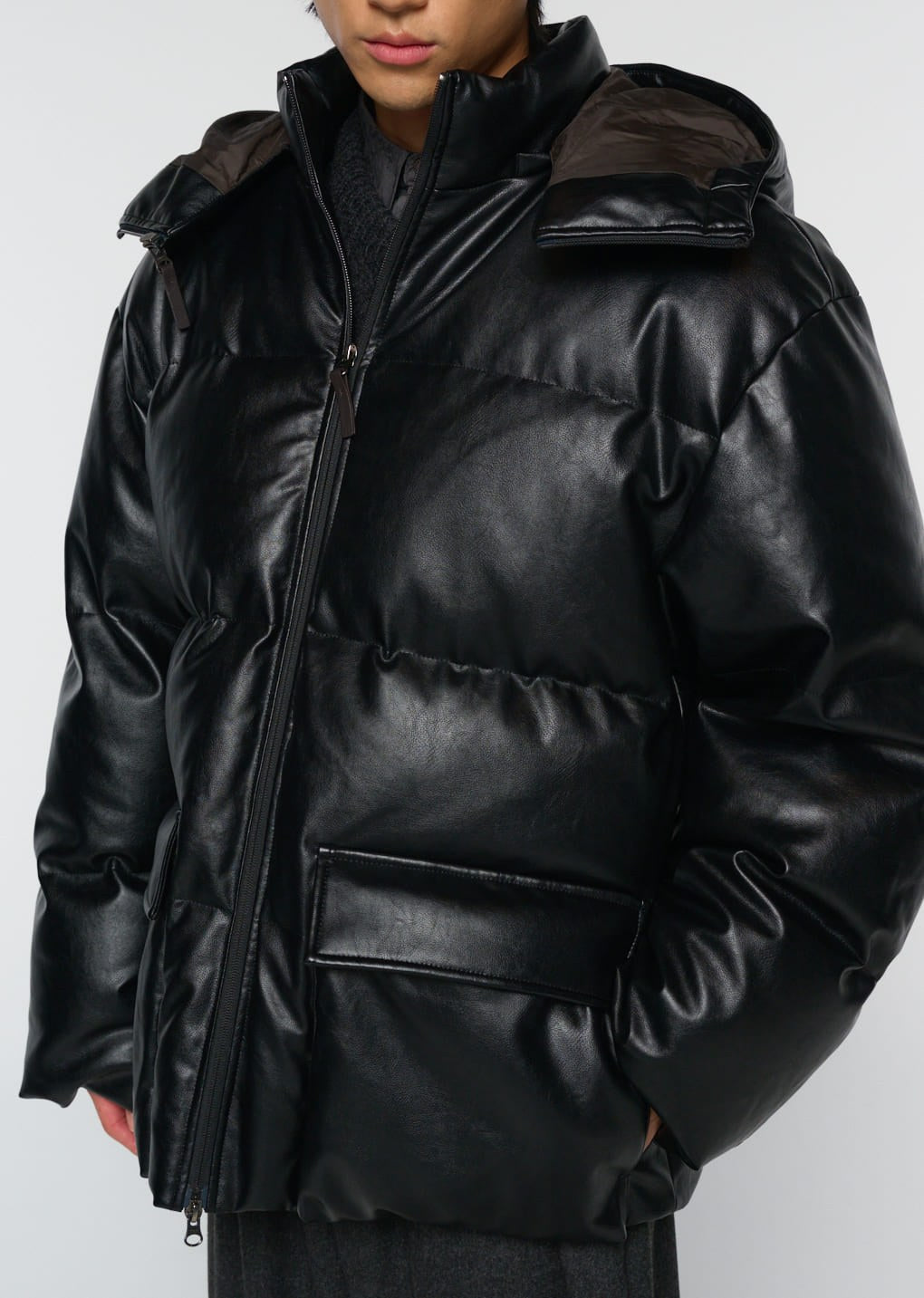 synthetic leather mid puffer, black