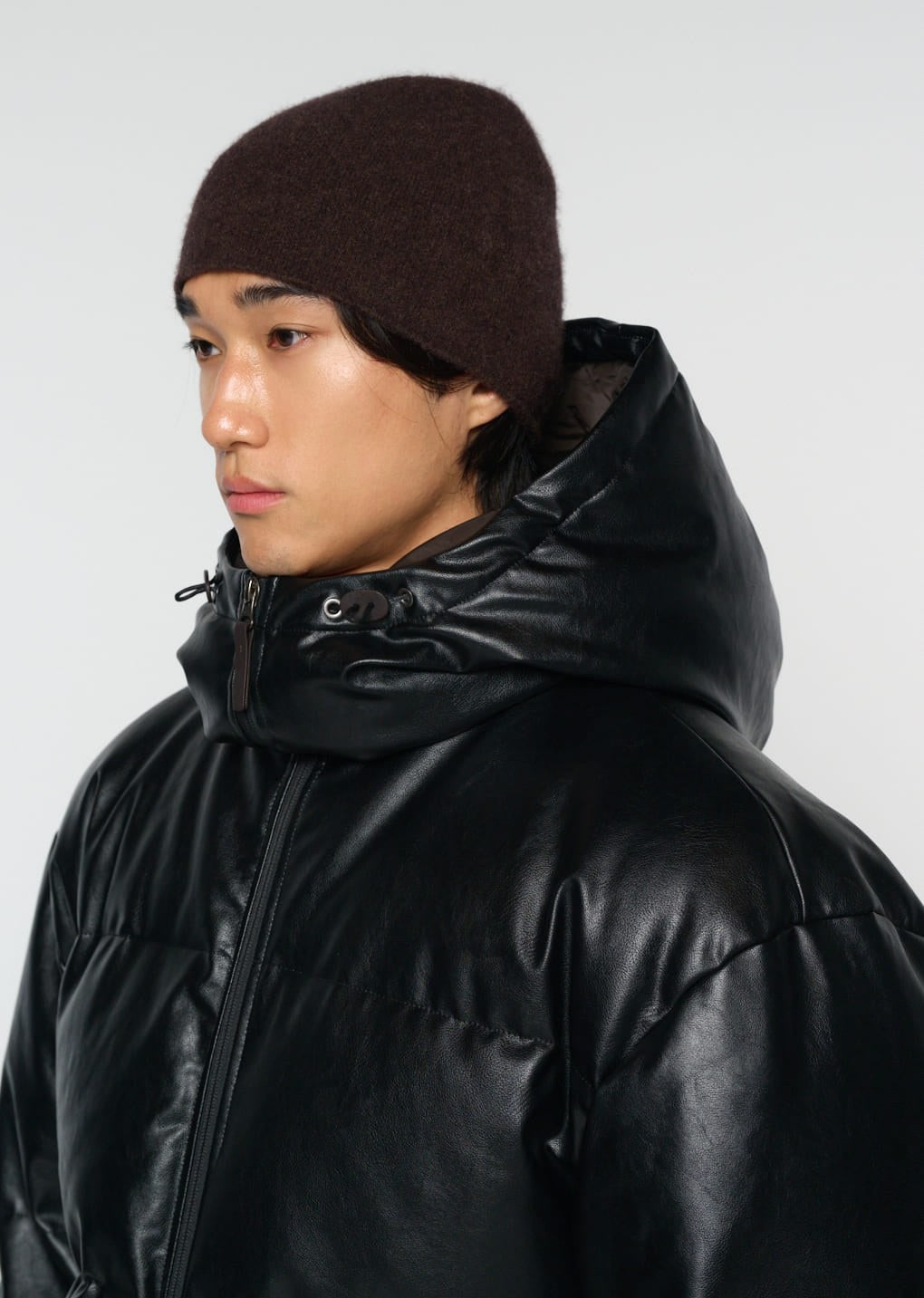synthetic leather mid puffer, black