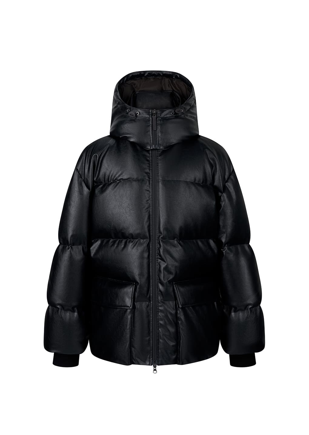 synthetic leather mid puffer, black