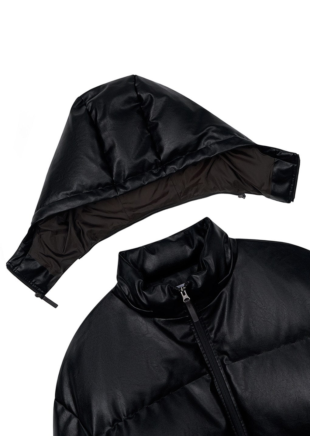 synthetic leather mid puffer, black