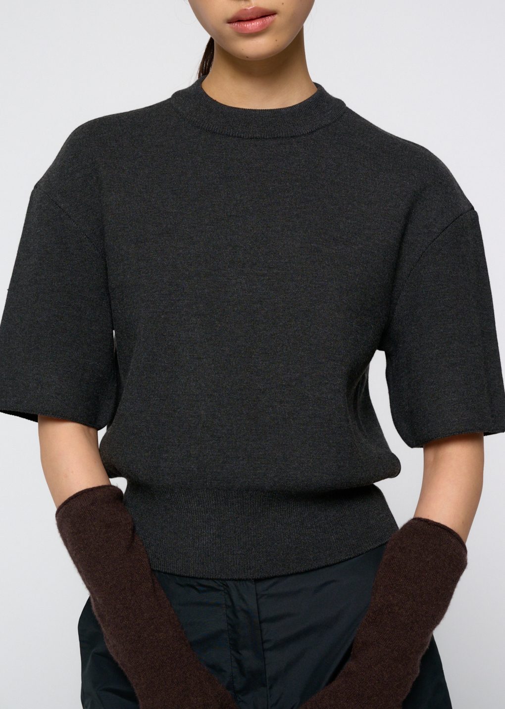 rounded half knit top, charcoal
