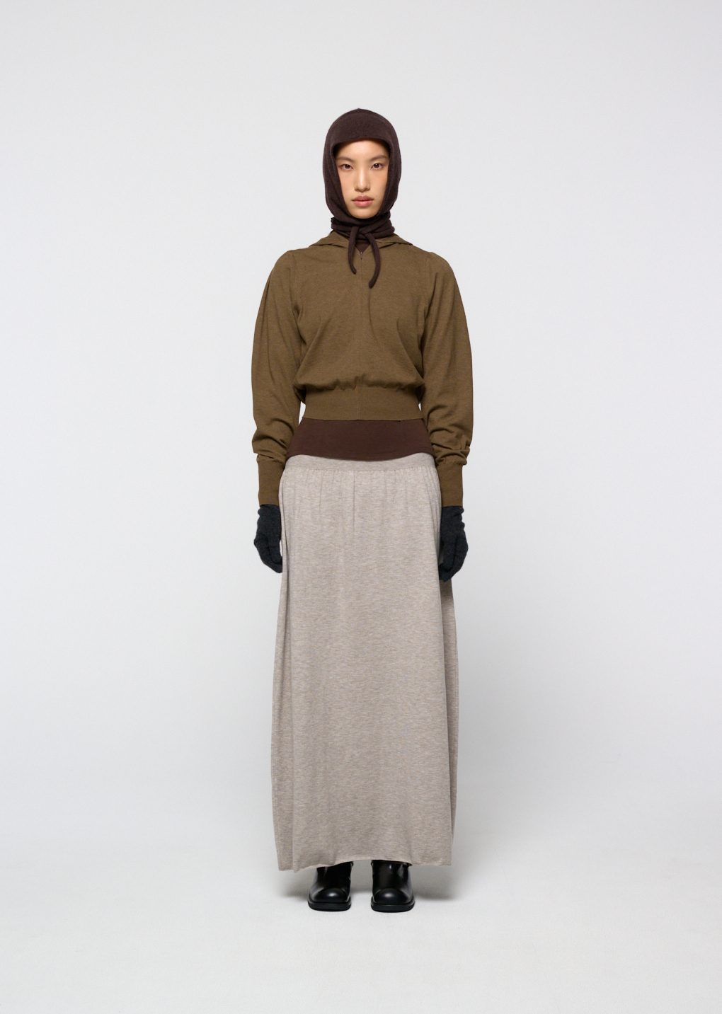 shirring half zip up knit hoodie, khaki