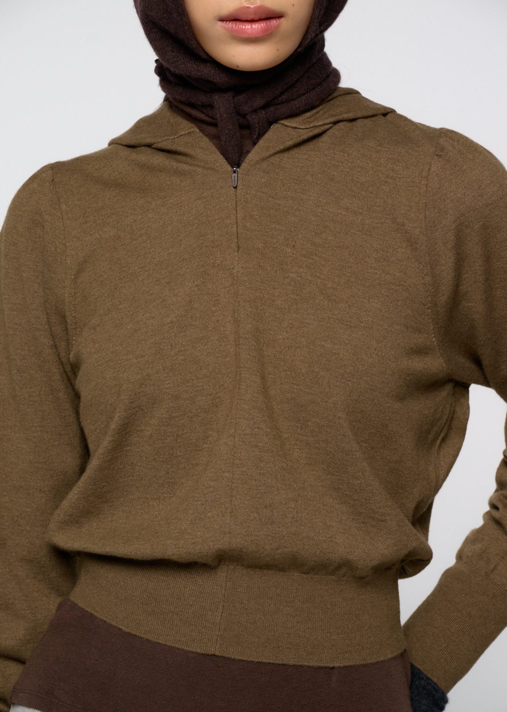 shirring half zip up knit hoodie, khaki