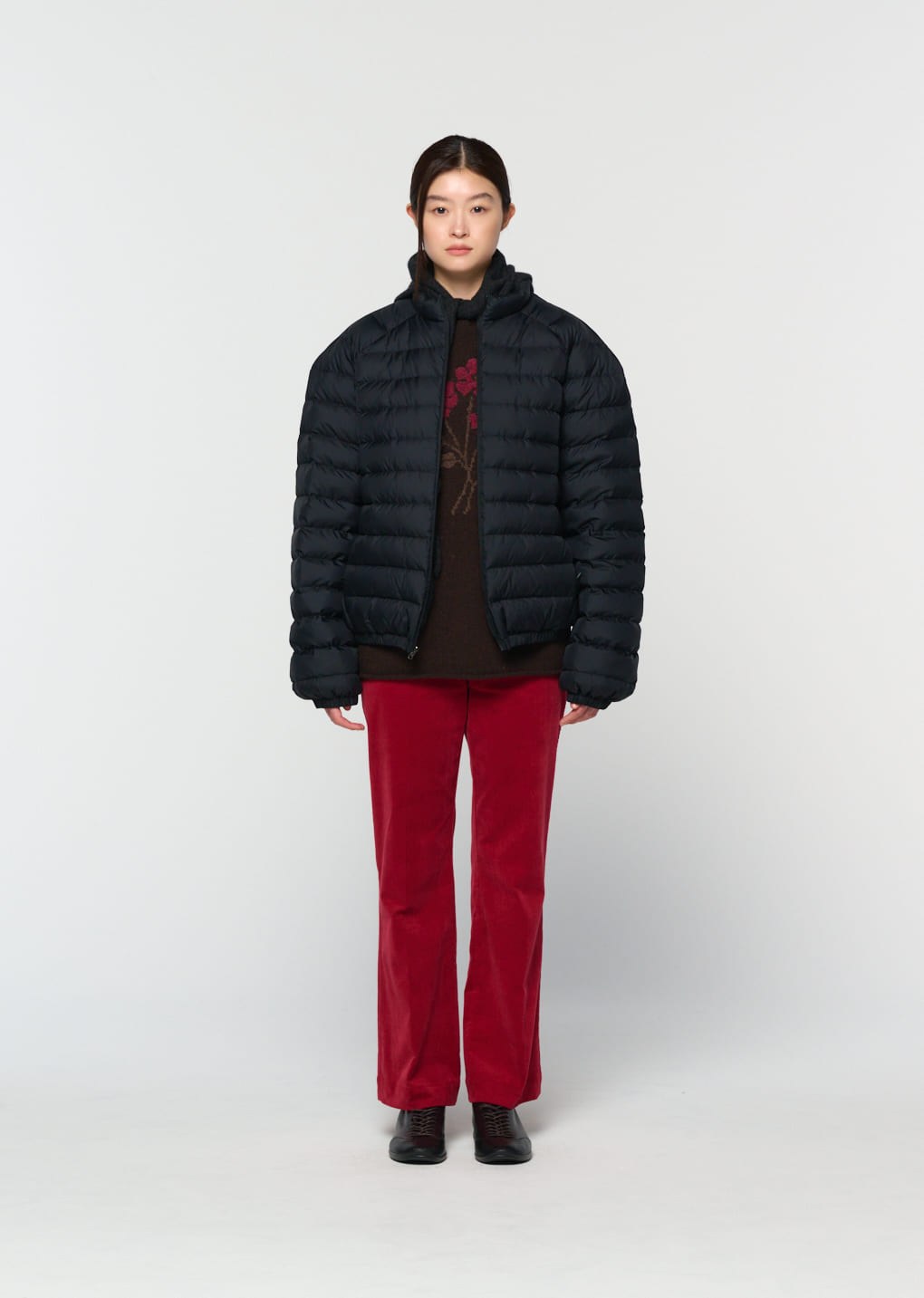 corduroy flared pants, red hover