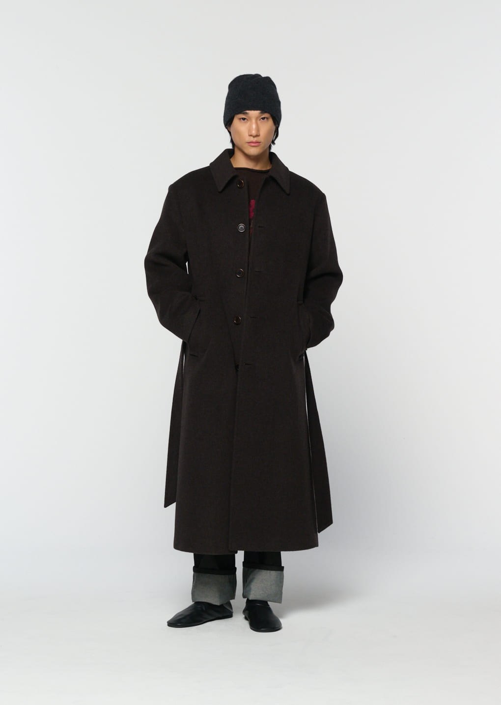 men's single breasted long coat, dark brown