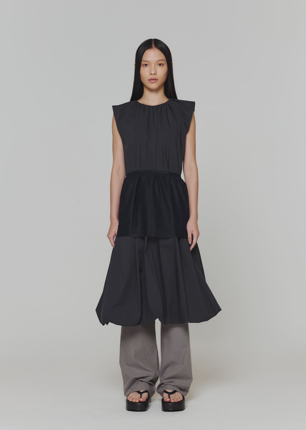cotton volume shirring dress, charcoal hover