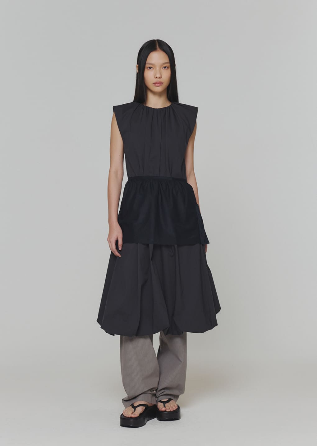 cotton volume shirring dress, charcoal