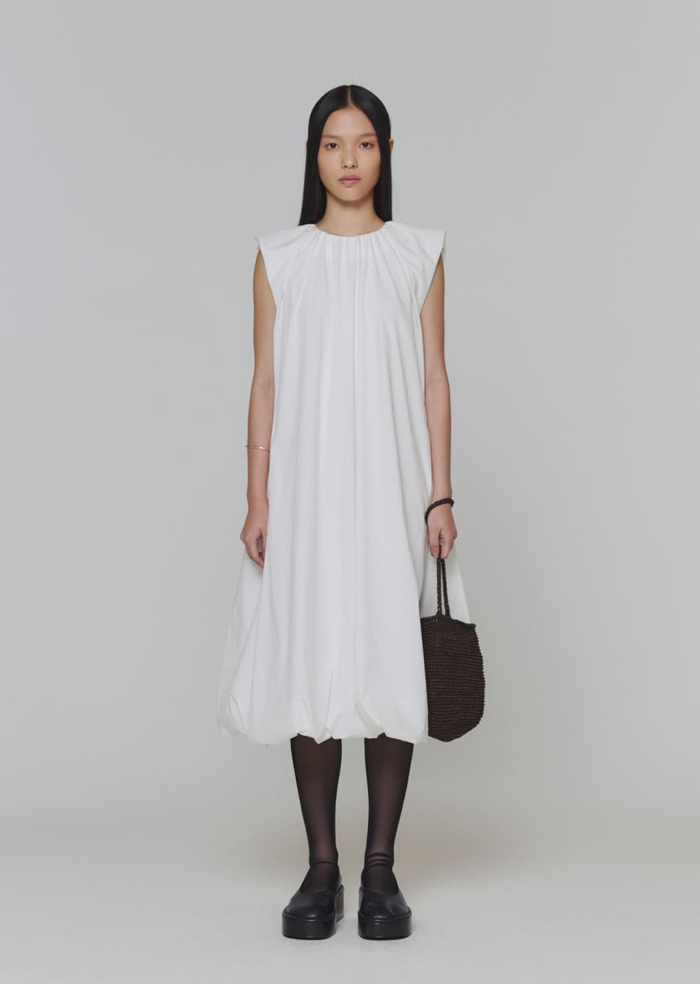 cotton volume shirring dress, white hover