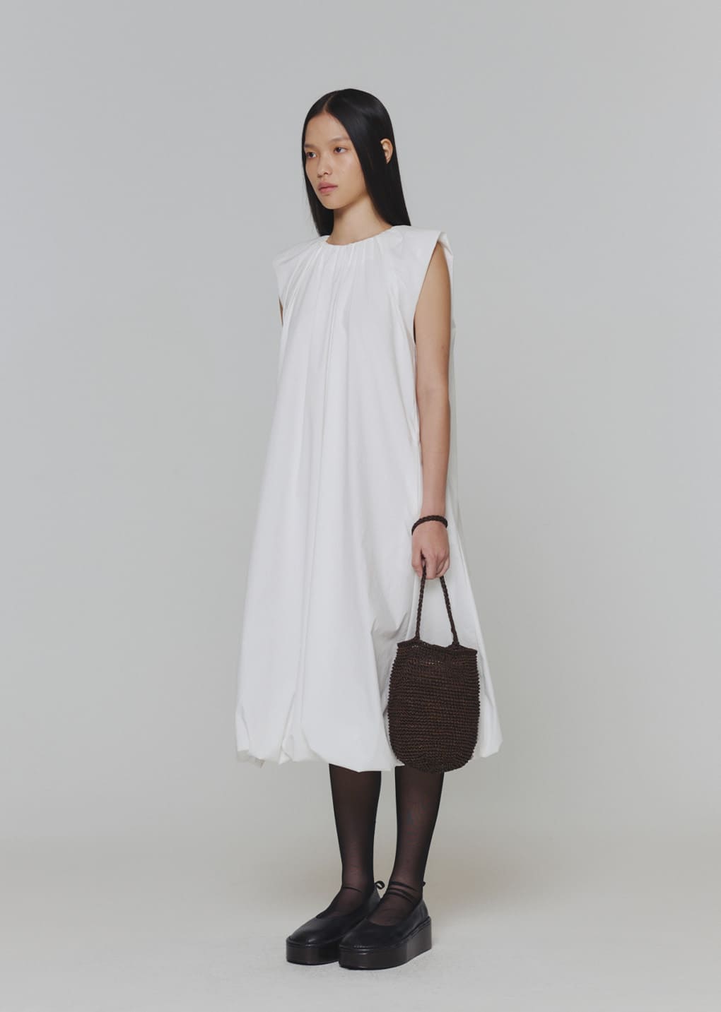 cotton volume shirring dress, white