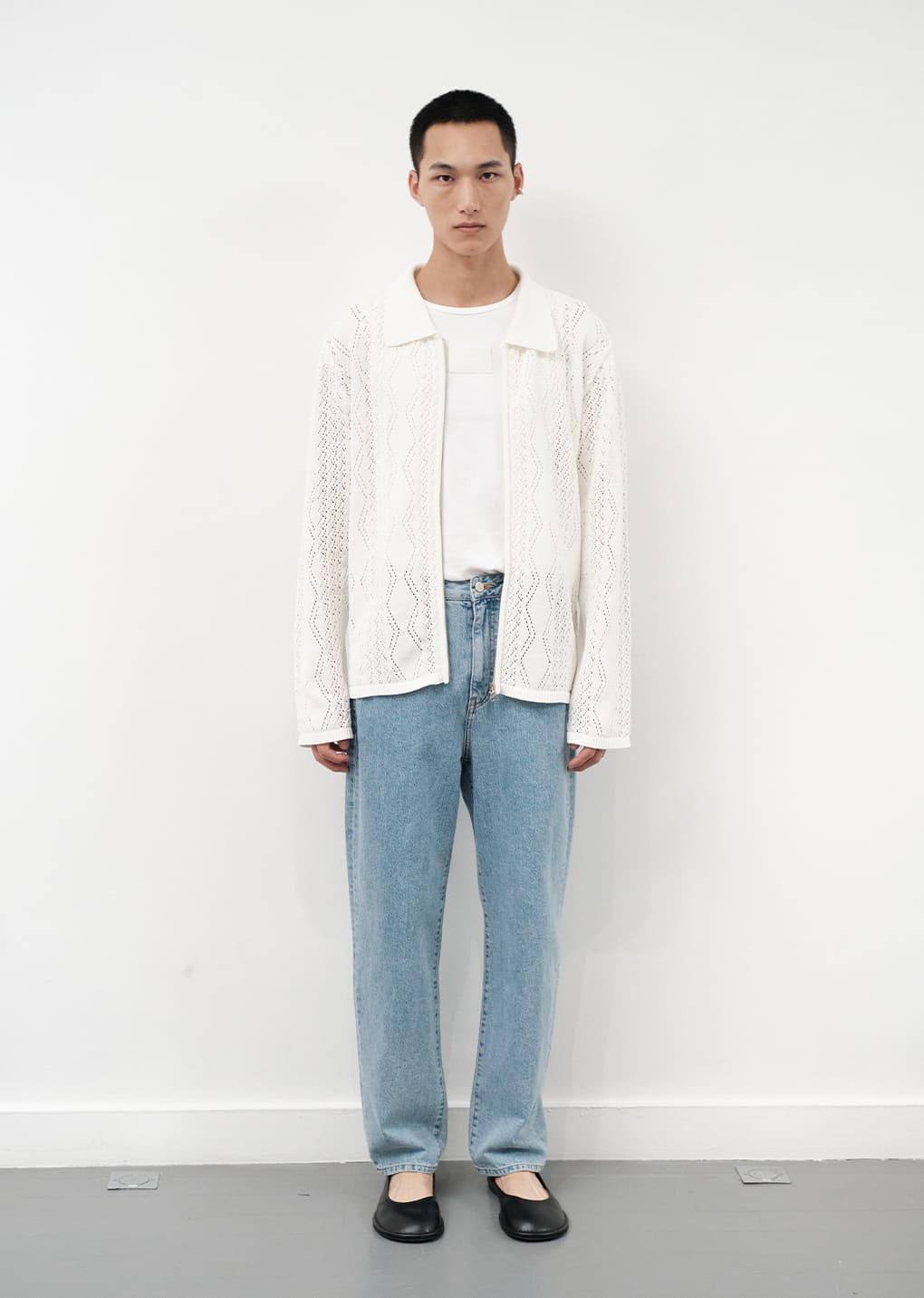 crochet zip-up cardigan, white hover