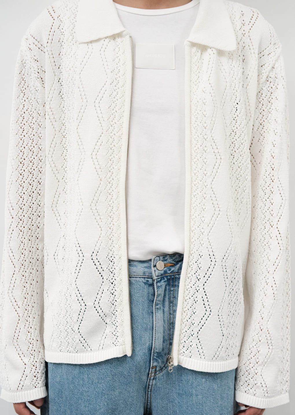 crochet zip-up cardigan, white