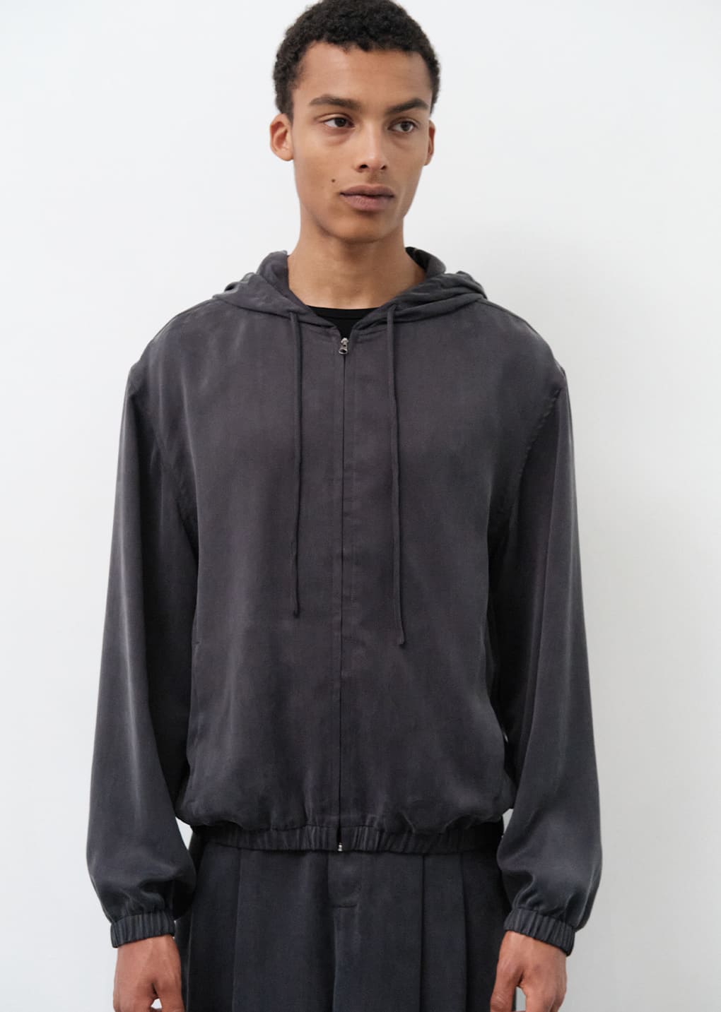 cupro hood zip-up jumper, charcoal hover