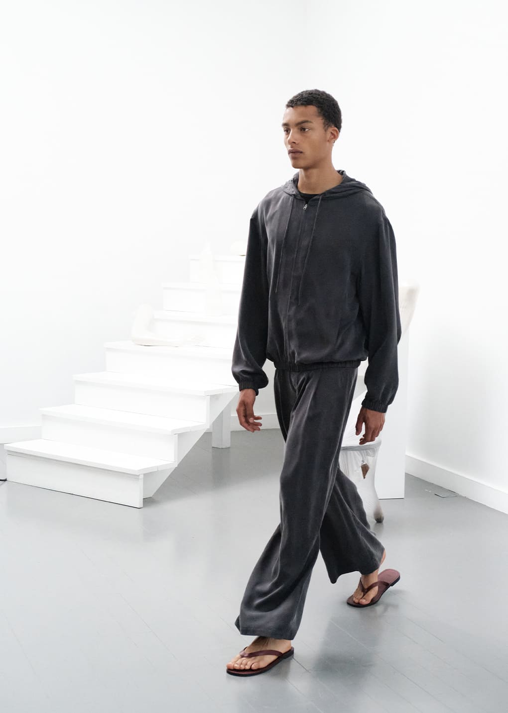 cupro hood zip-up jumper, charcoal