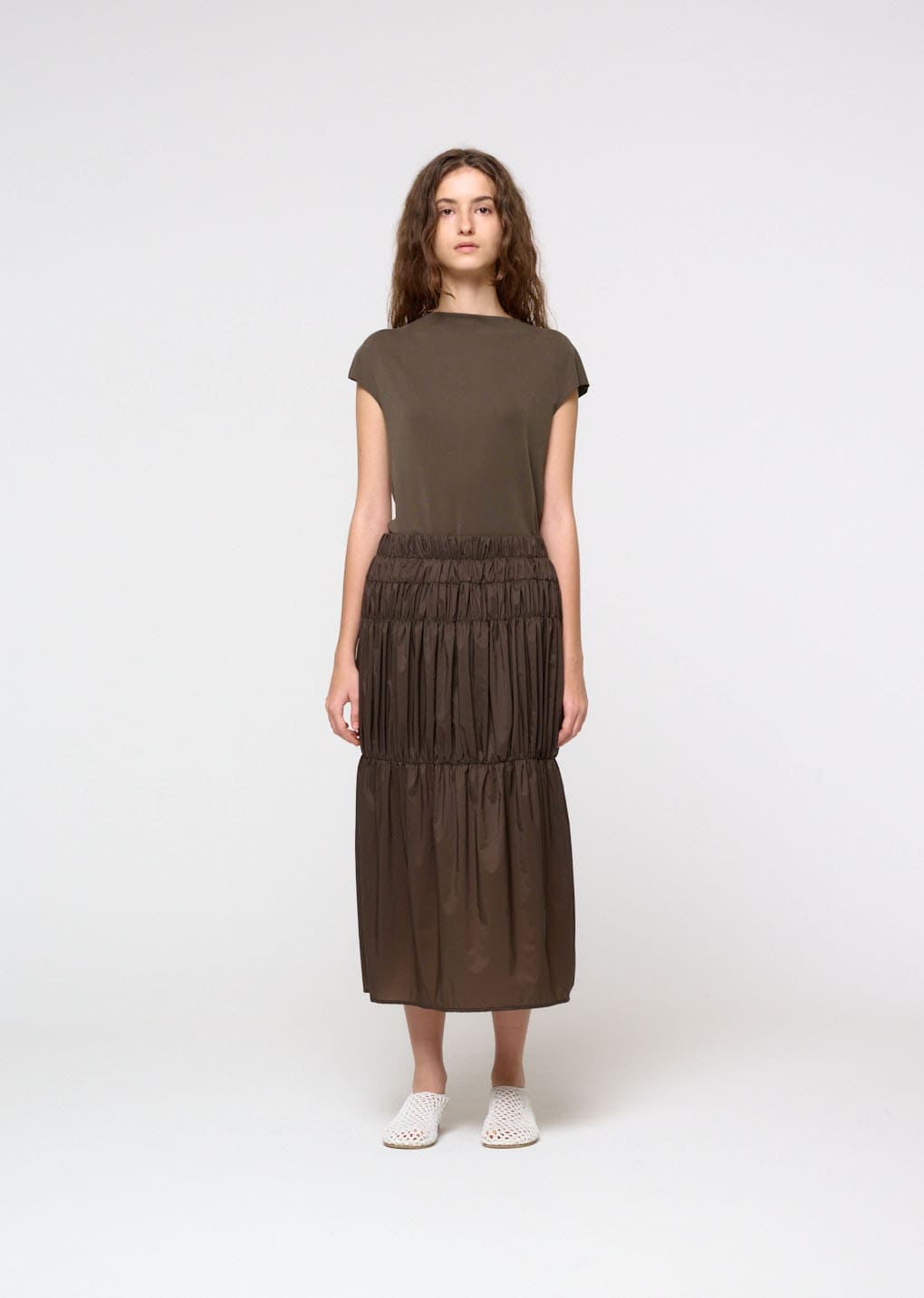 jersey mock neck top, brown