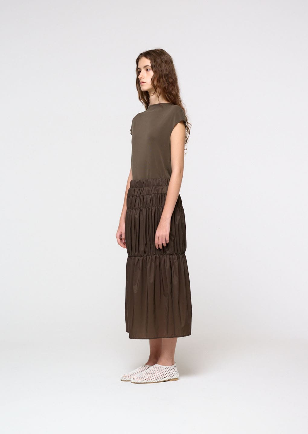 jersey mock neck top, brown