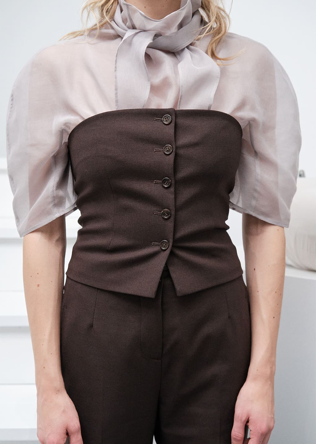 knotted collar top, grey