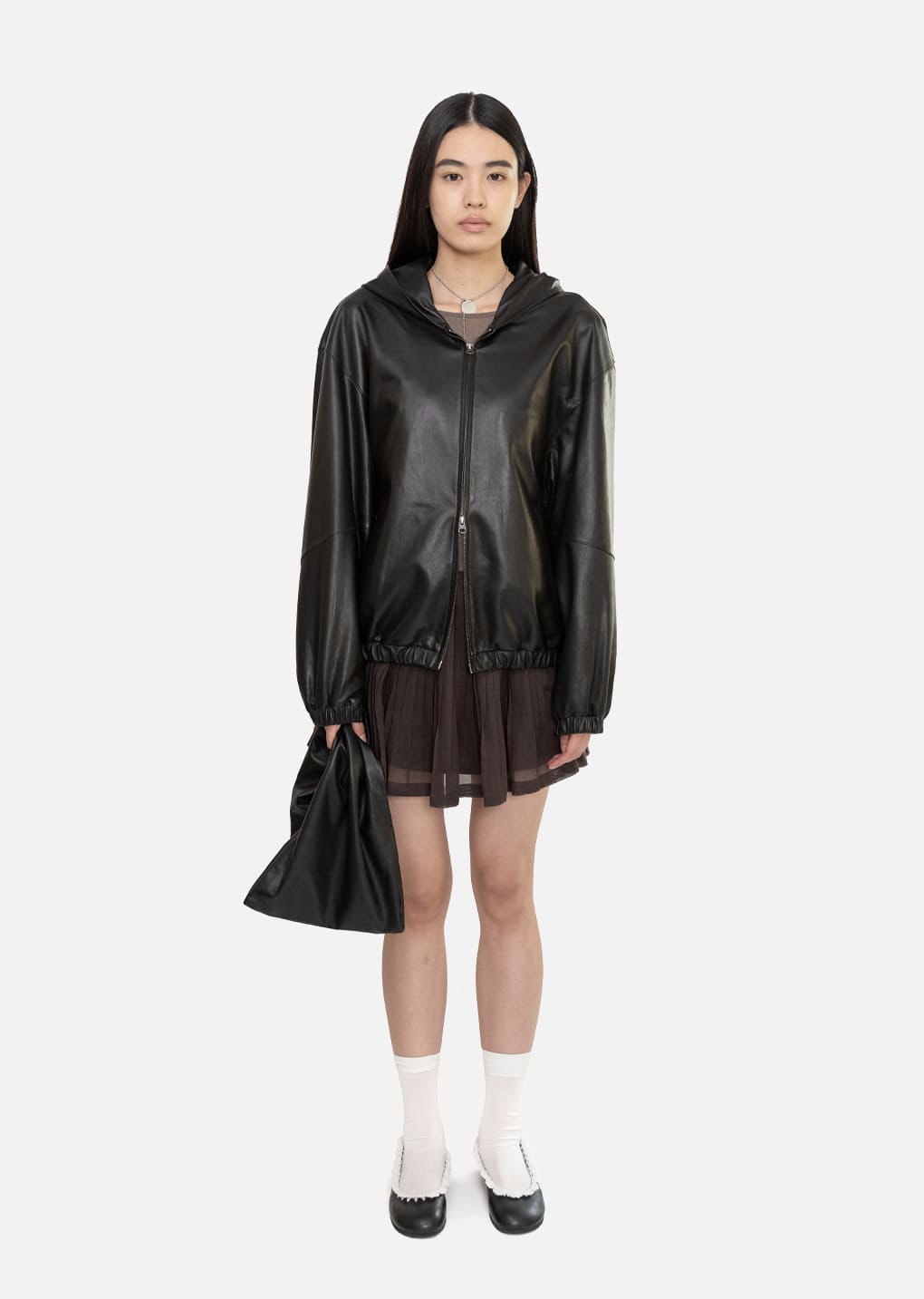 lamb skin leather hood jumper, black