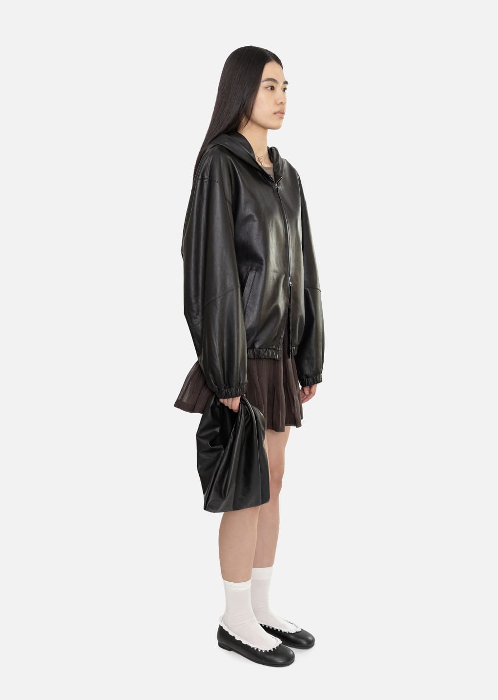 lamb skin leather hood jumper, black