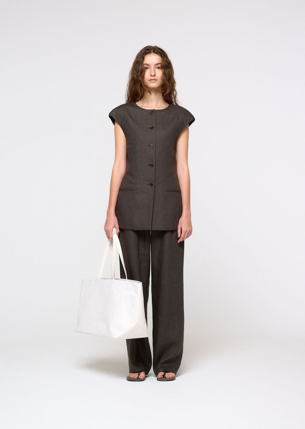 linen curved vest, khaki grey