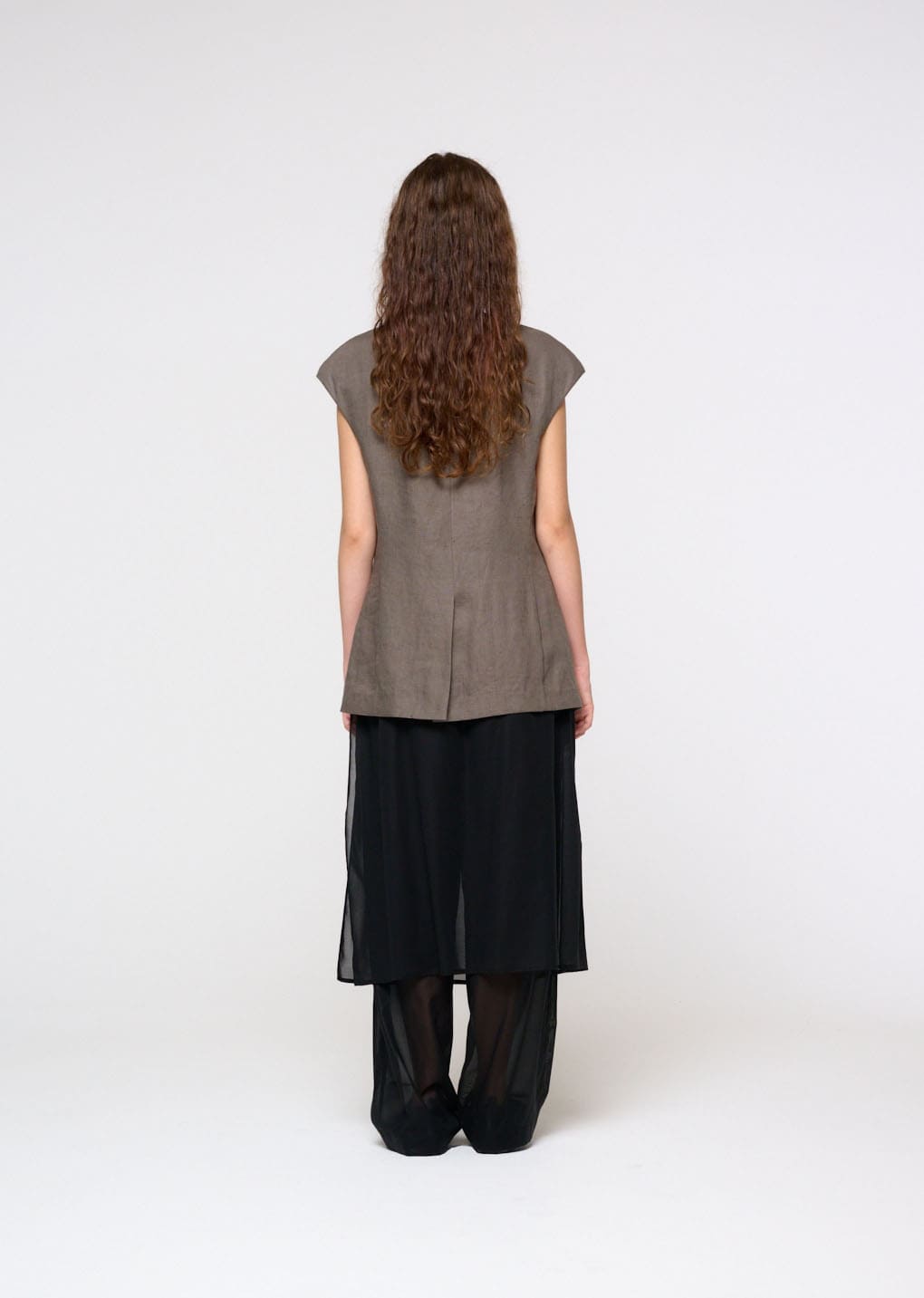 linen curved vest, khaki