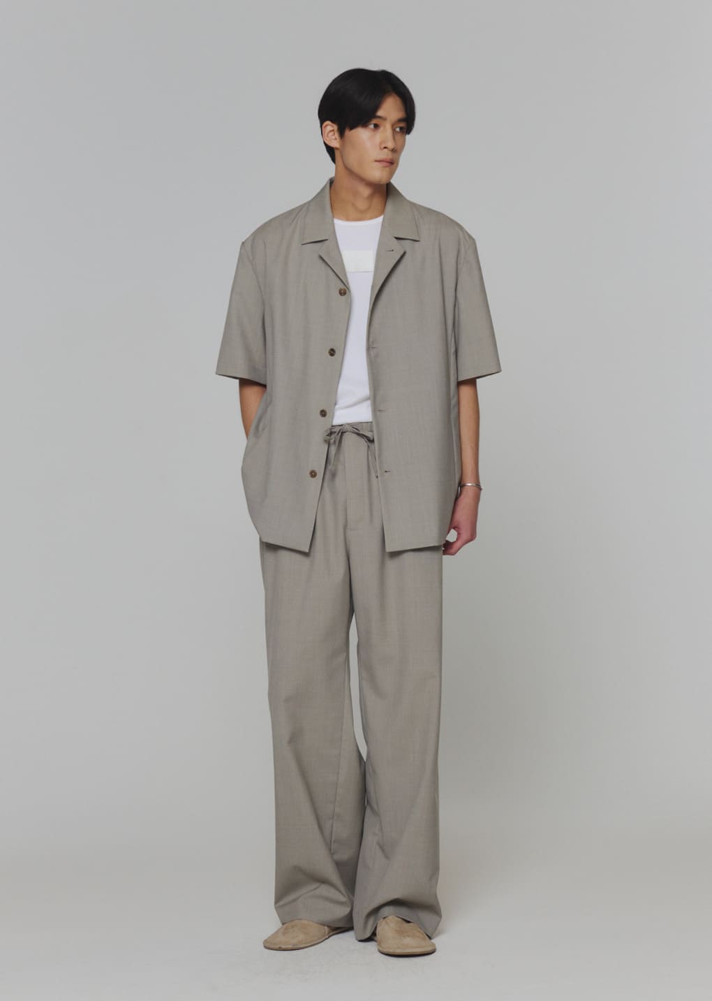 men's wool banding pants, beige