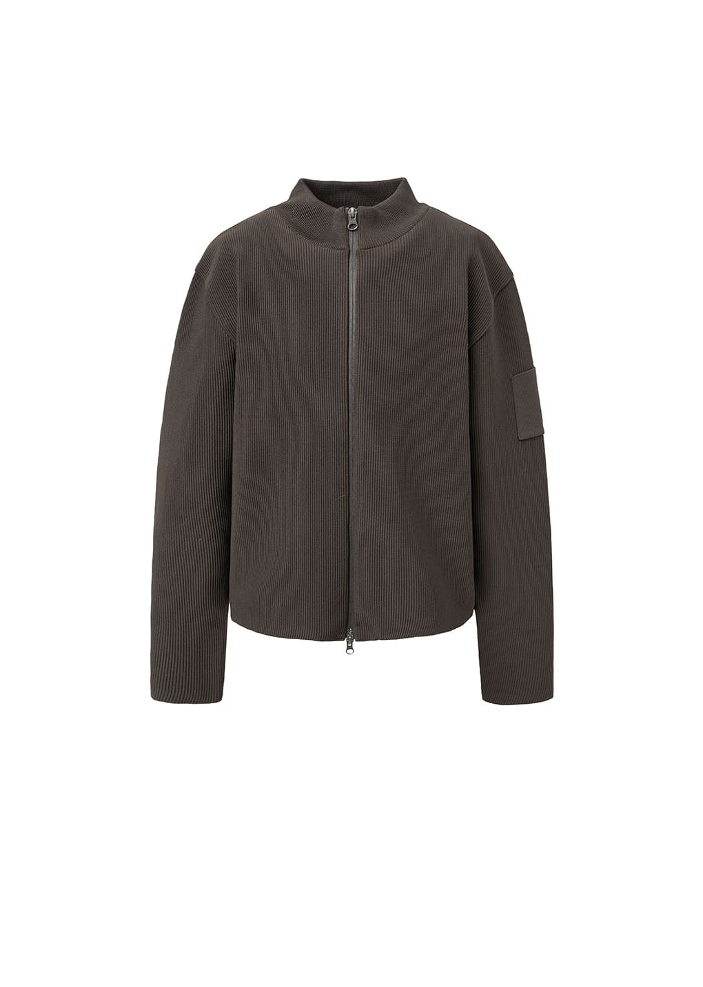 mock neck zip-up cardigan, dark brown