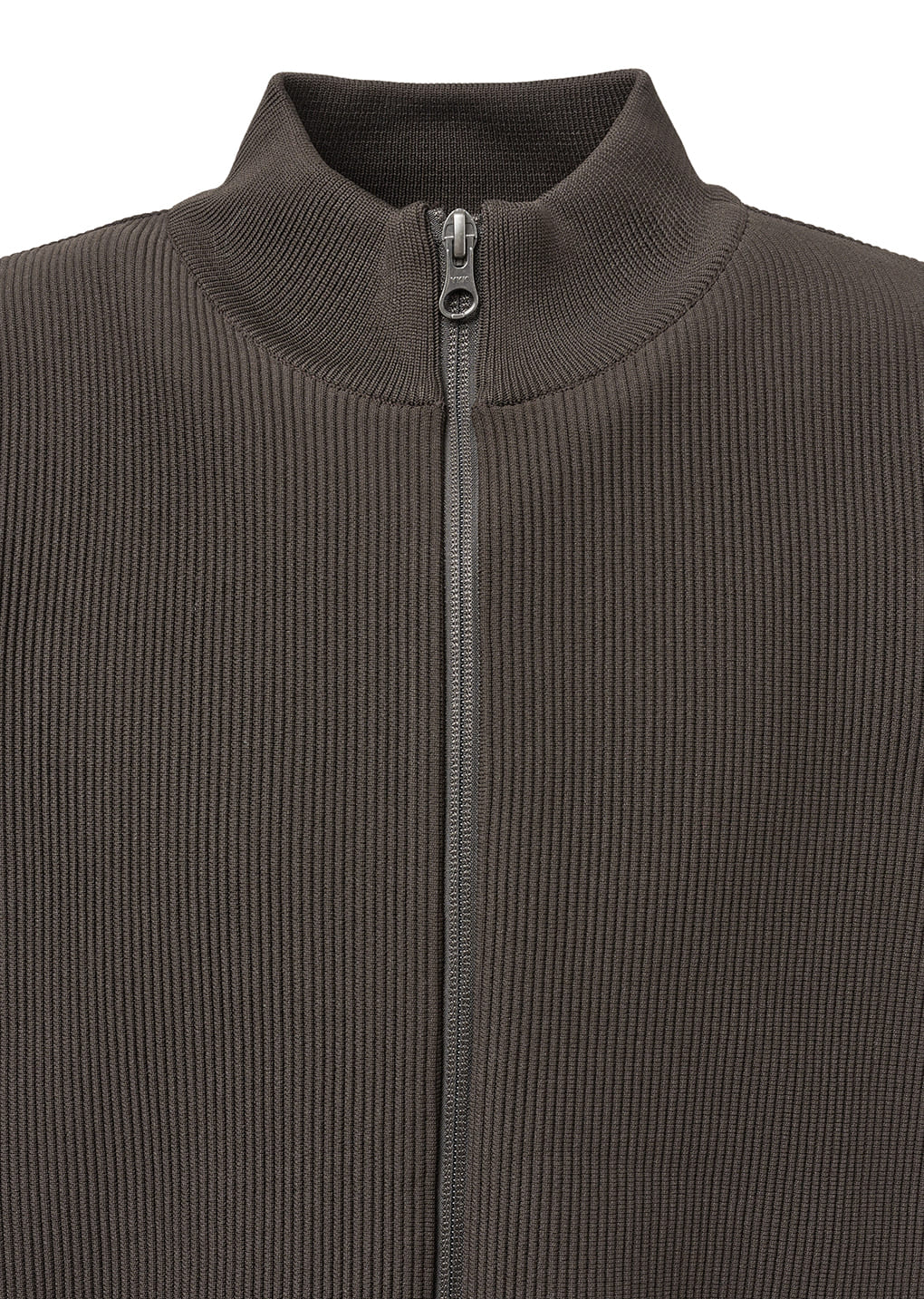 mock neck zip-up cardigan, dark brown