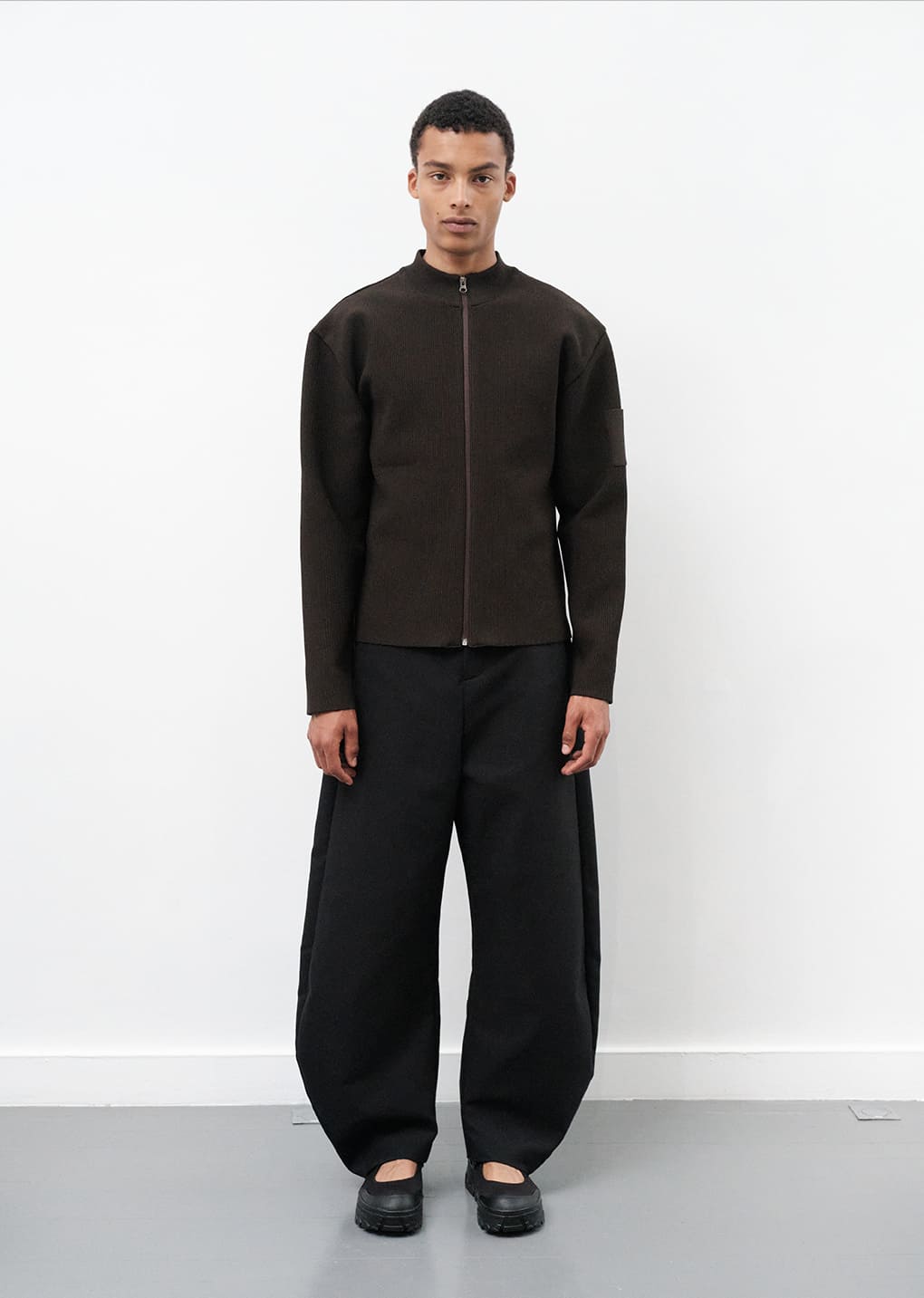 mock neck zip-up cardigan, dark brown