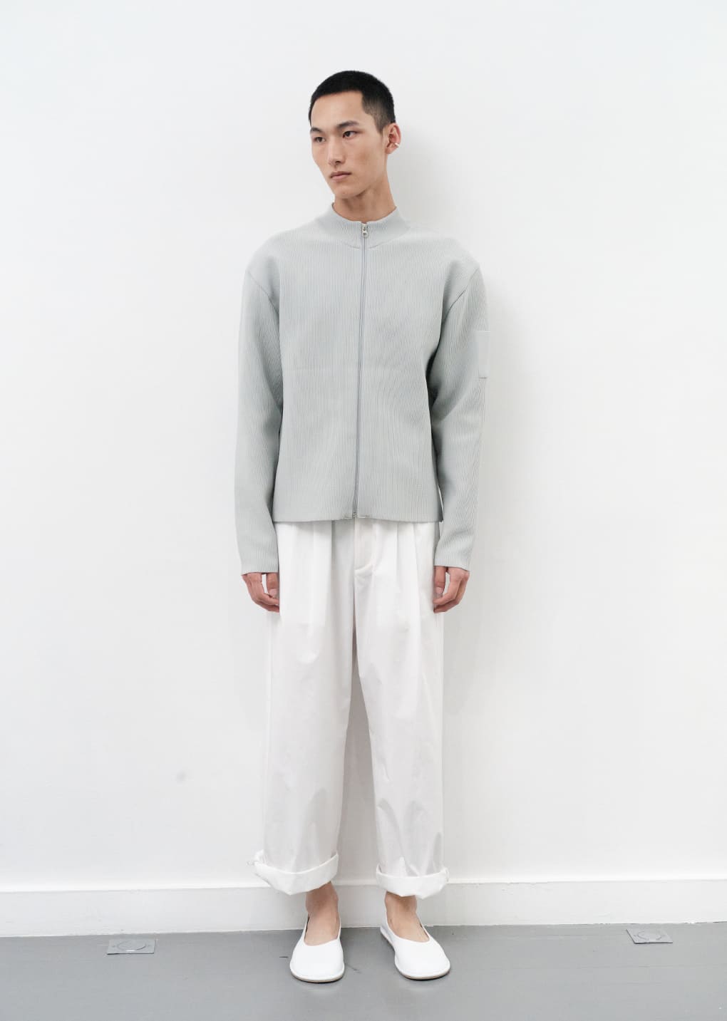 mock neck zip-up cardigan, grey hover
