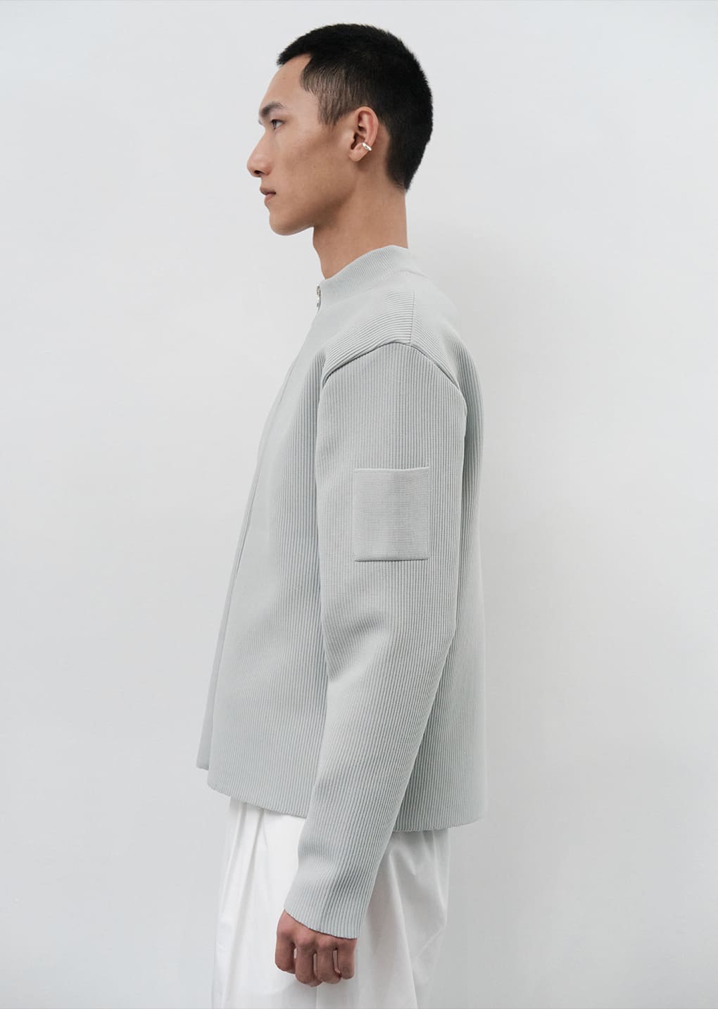 mock neck zip-up cardigan, grey