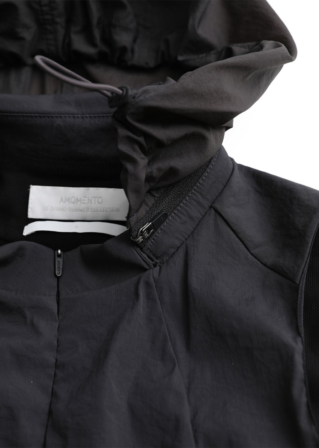 nylon hooded mini dress, charcoal
