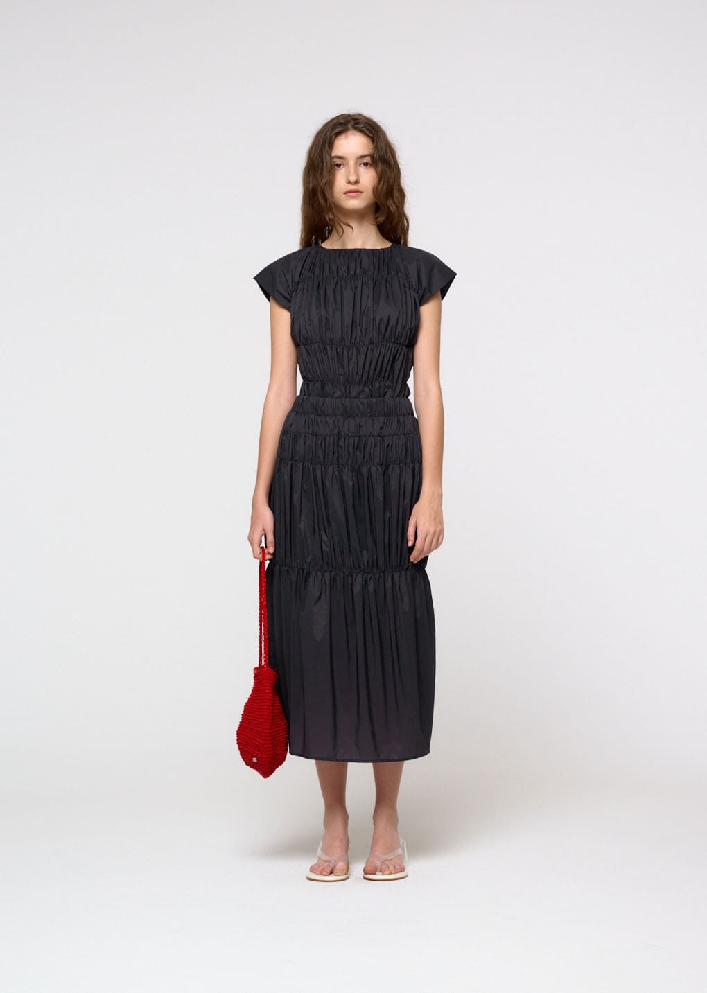 nylon shirring dress, charcoal