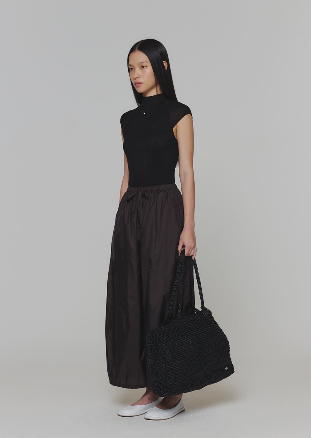 nylon shirring pants, dark brown