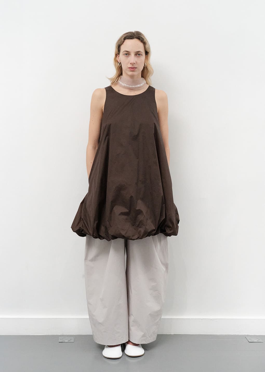 nylon volume mini dress, brown hover