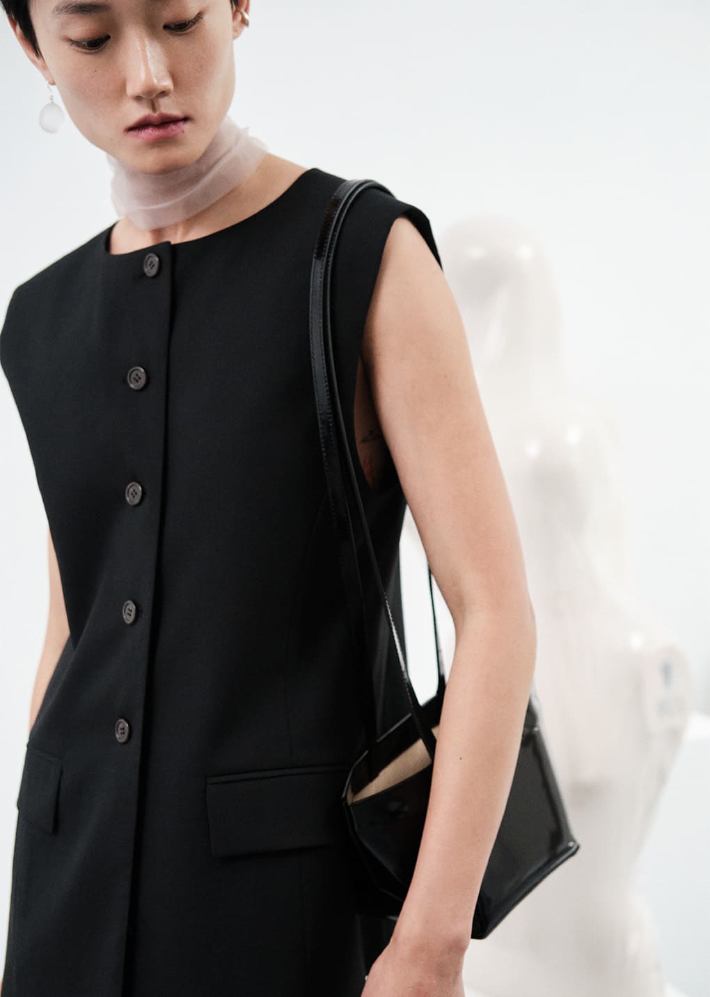 oversized button up vest, black
