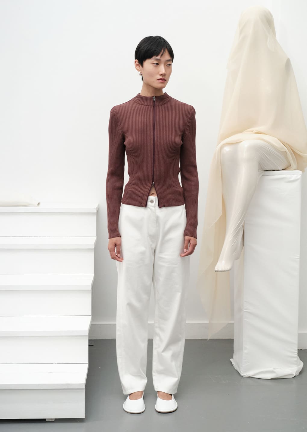 ribbed mock neck cardigan, brown