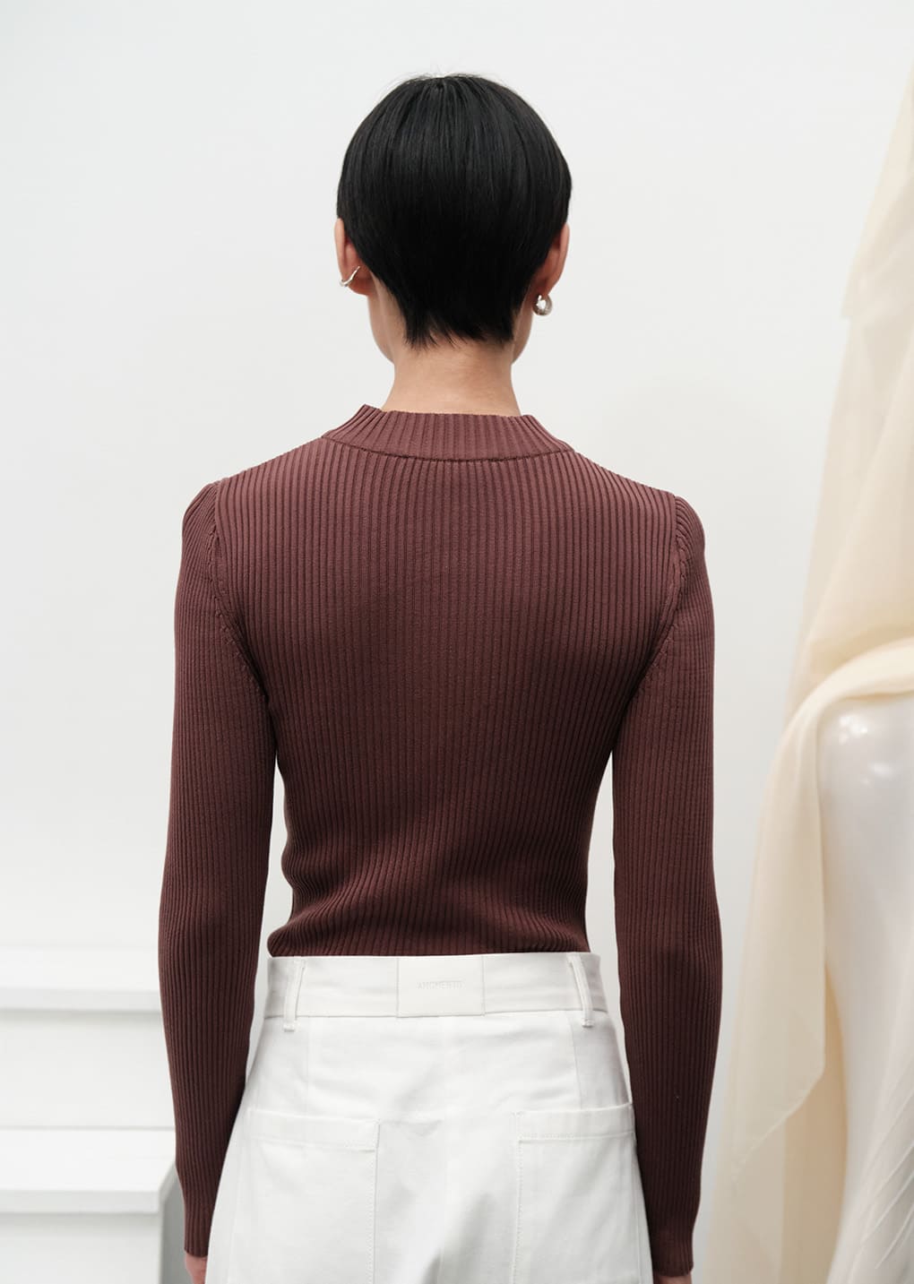 ribbed mock neck cardigan, brown