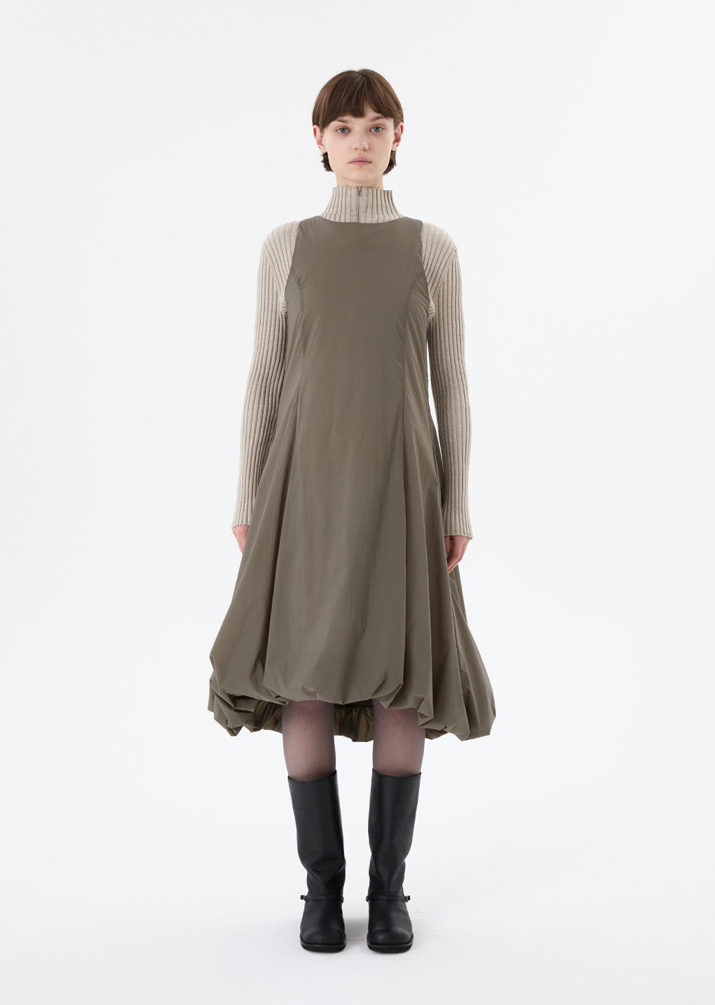 ribbed high neck zip up, beige