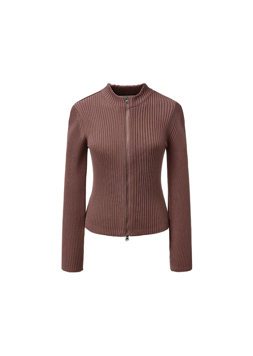 ribbed mock neck cardigan, brown
