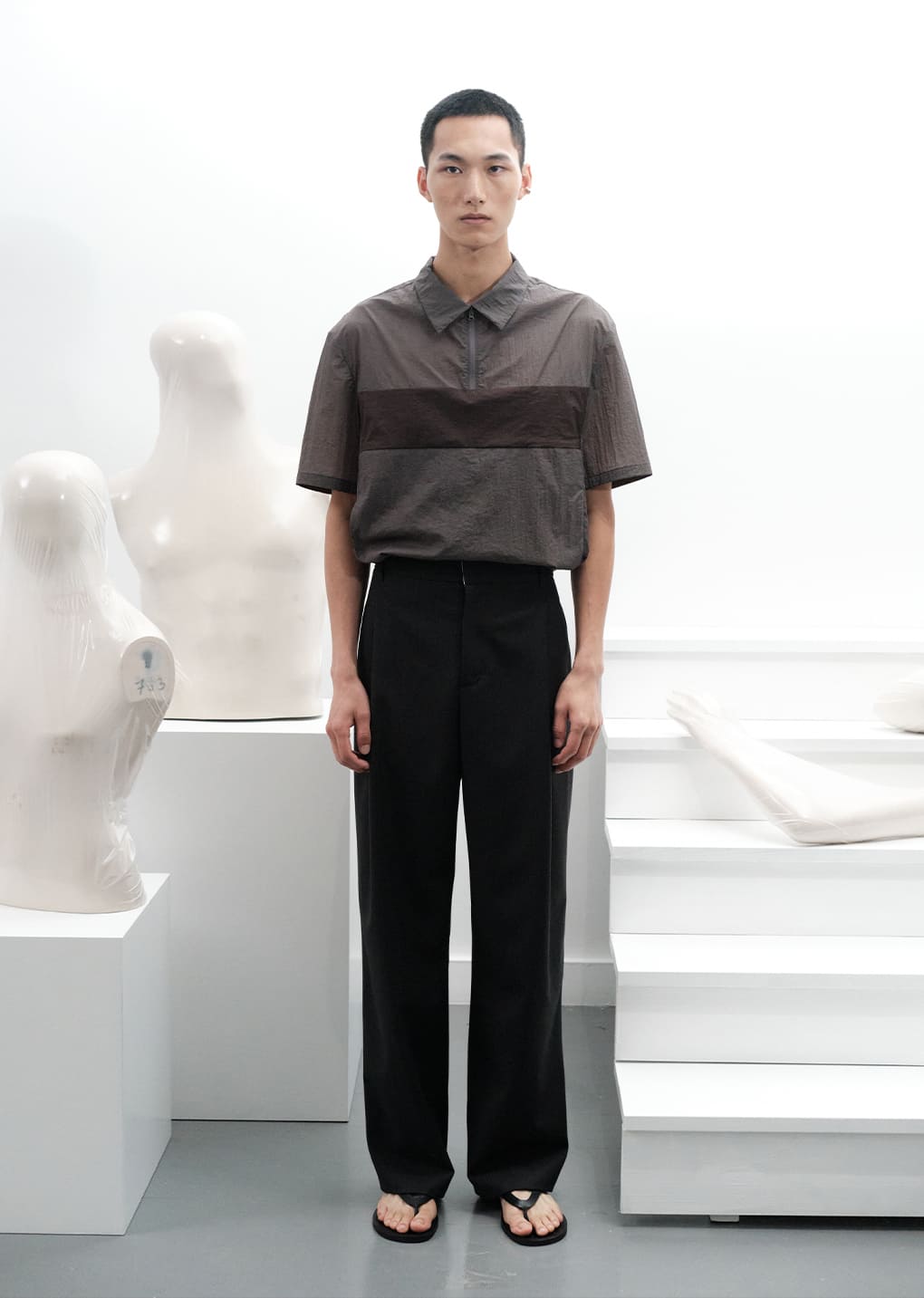 sheer color block top, dark grey hover