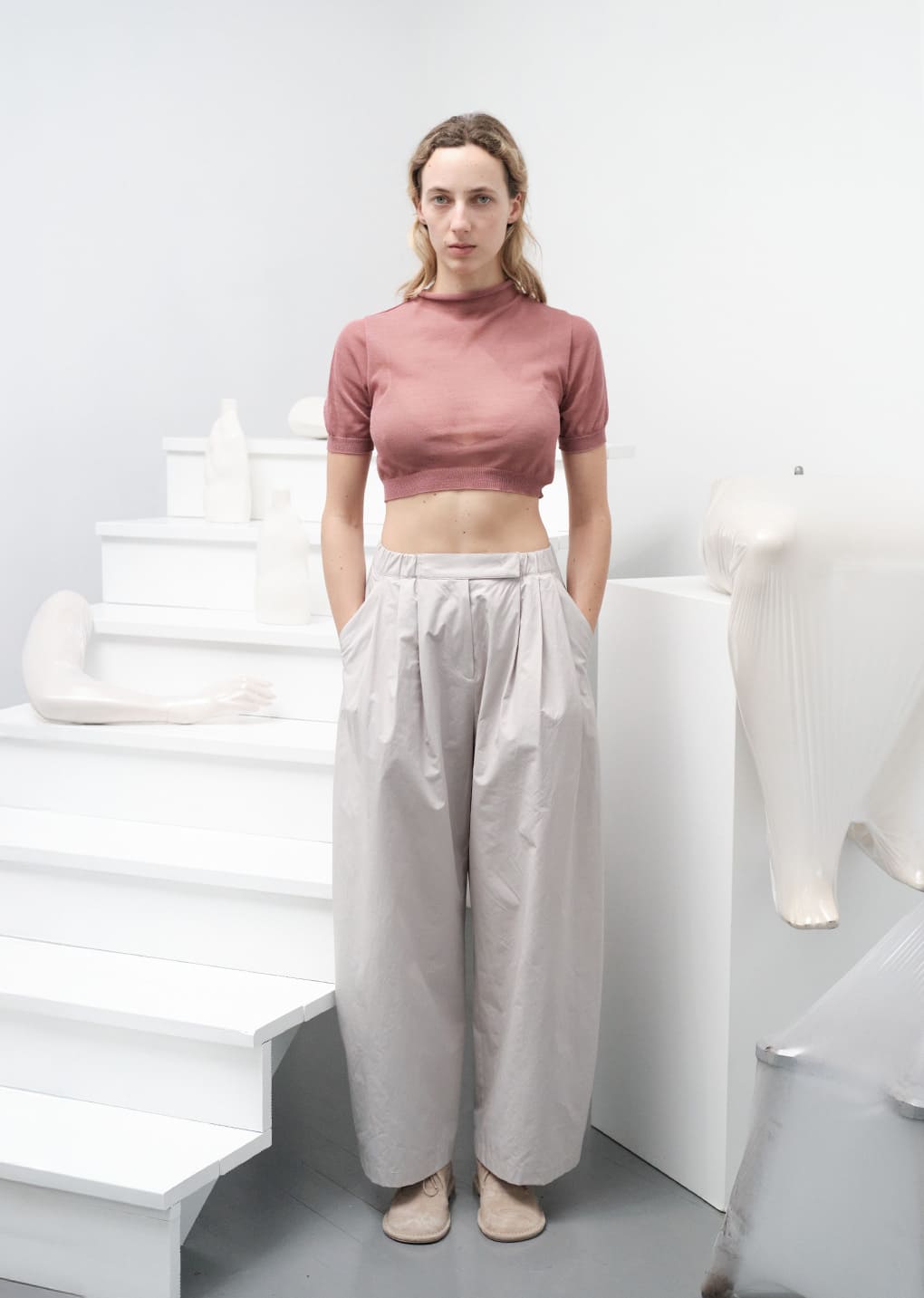 sheer cropped knit, pink hover