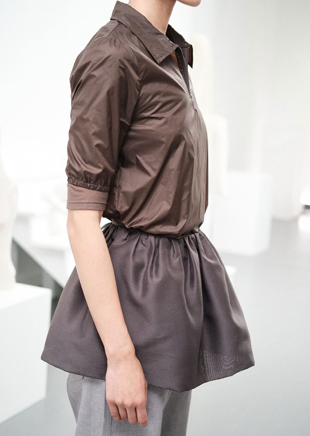 sheer half zip-up top, brown