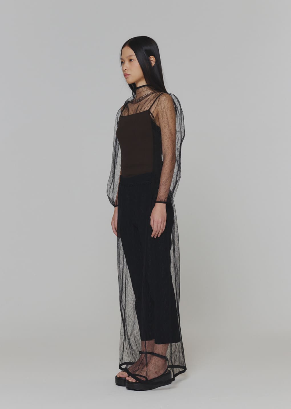 sheer lace long skirt, black